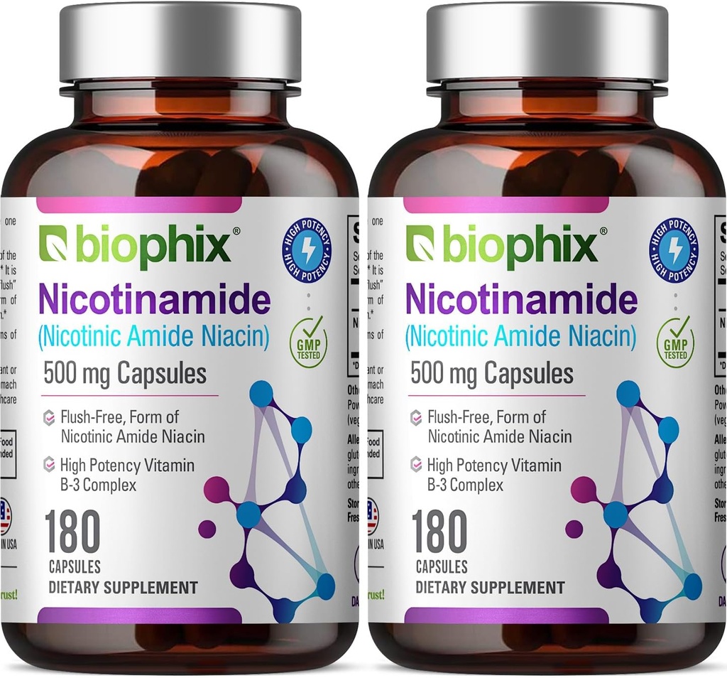 biophix B-3 Nicotinamide 500 mg 180 Caps 2 Pack - Nicotinic Amide Niacin Natural Flush-Free Vitamin Formula - Supports Skin Cell Health