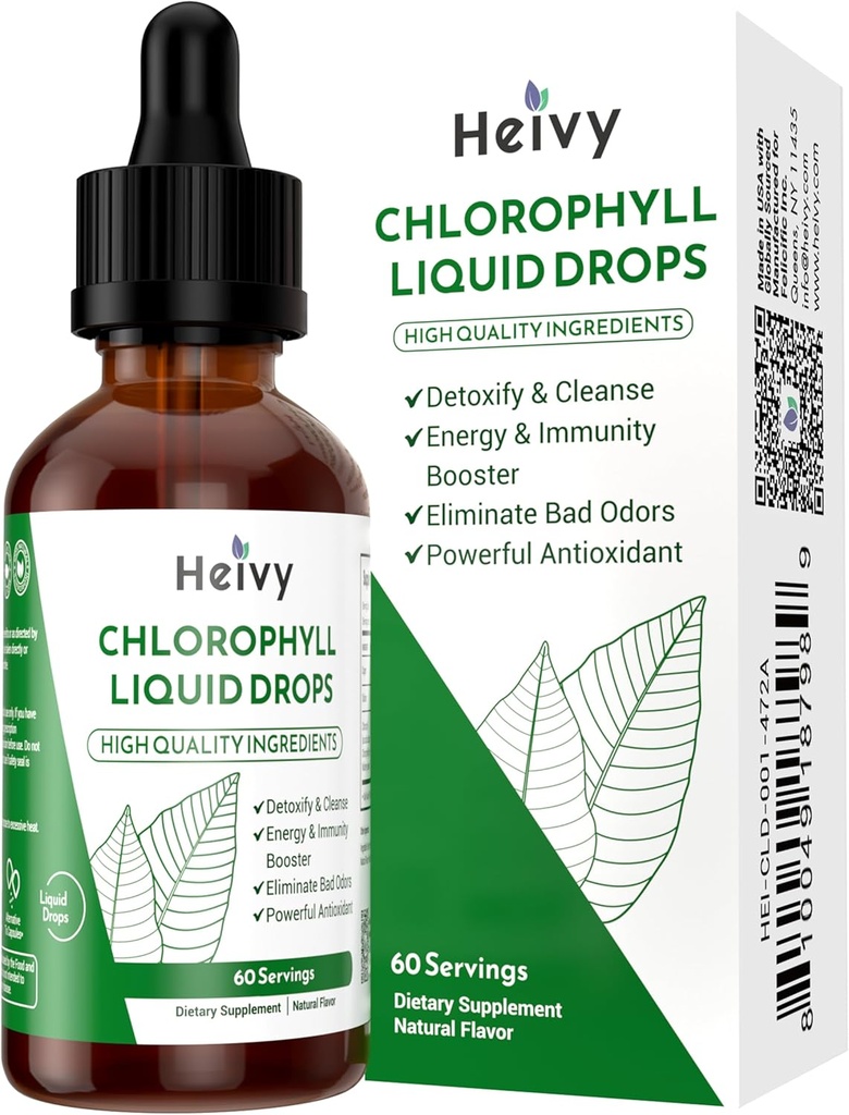 Heivy Chlorophyll Liquid Drops, Liquid Chlorophyll Supplement, Chlorophyll Drops for Internal Deodorizer, Radiant Skin, Detox, Antioxidant, Immune Support, Gluten Free, Natural Flavored - 2 FL OZ