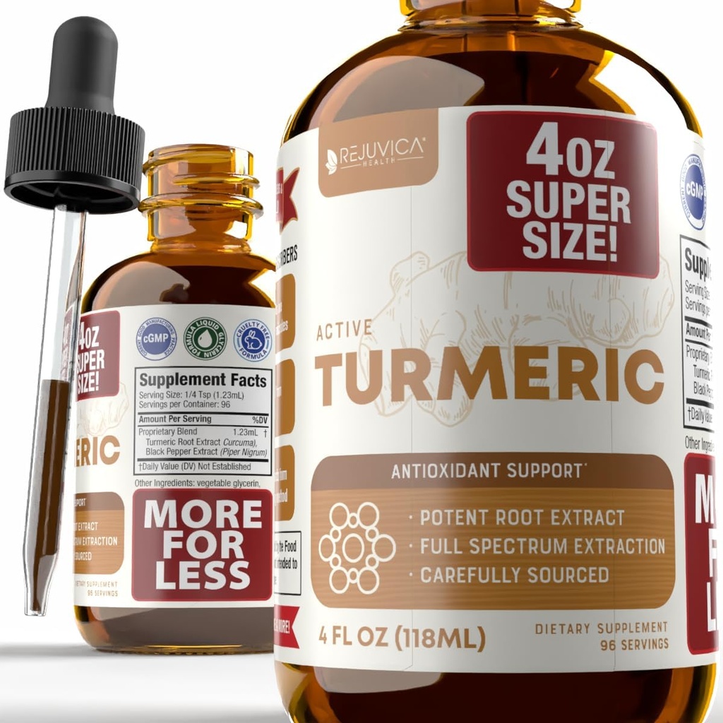 Rejuvica Health Active Turmeric 4oz XL Super Size - Advanced Liquid Supplement Tincture - Curcuma Longa Extract Drops - Turmeric Roots Only - Naturally Occurring Curcumin