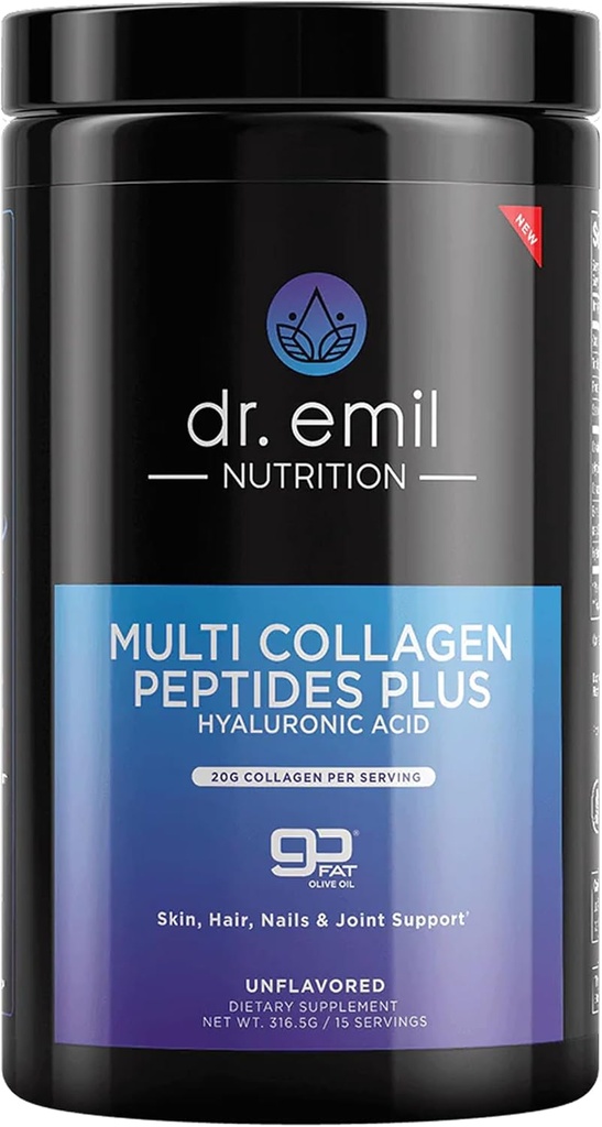 DR. EMIL NUTRITION Multi Collagen Peptides Powder - 20g of Unflavored Hydrolyzed Collagen Protein Powder with Hyaluronic Acid for Hair, Skin, Nails and Joints - 15 Servings