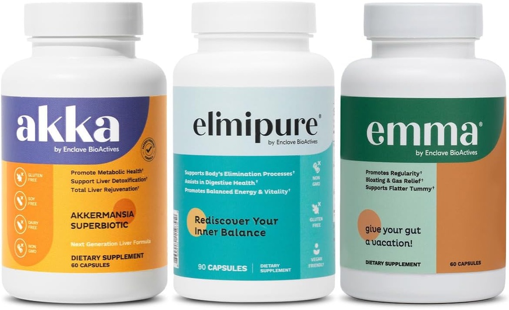 Emma Gut Health & Elimipure Gut Cleanse & Akka Liver Cleanse – 3-in-1 Detox Bundle for Digestive Balance, Regularity & Metabolism Support | Supports Waste Elimination & Microbiome Health