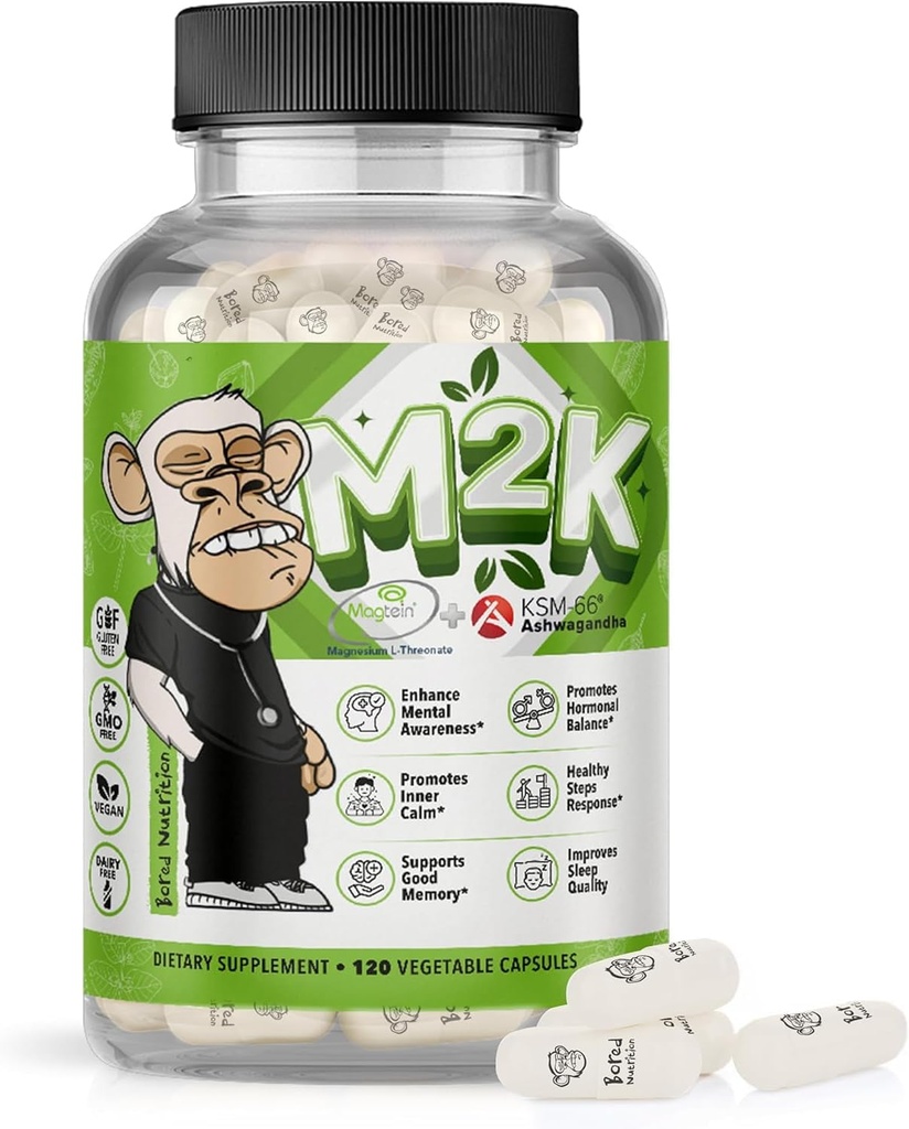 Bored Nutrition M2K: Magtein Magnesium L-threonate & Ashwagandha Supplement - 1500mg Magtein, 300mg KSM-66, Plus 200mg Magnesium