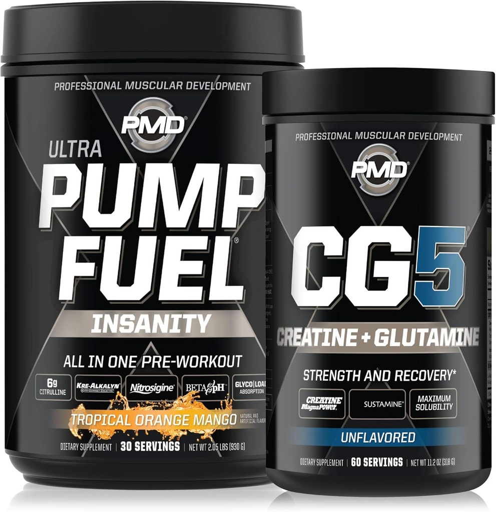 PMD Sports Ultra Pump Fuel Insanity - Pre Workout - Tropical Orange Mango (30 Servings) Sports CG5 Premium Creatine and L-Glutamine Powder (60 Servings)