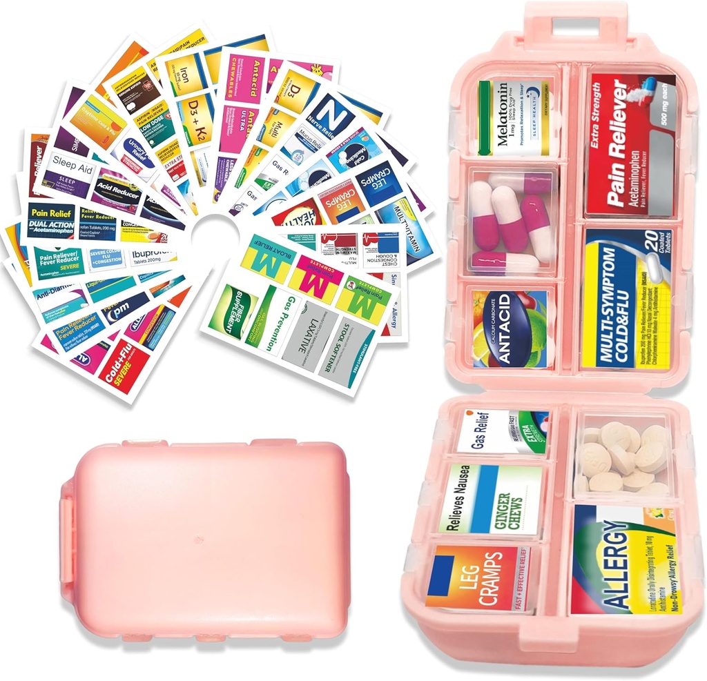 Pill Organizer with Medicine Labels 146 Labels Travel Daily Pill Container Mini Medication Organizer Storage Pill Organizer Travel Essentials Pill Case 7 Day (Pink, 1 Pack(Large))