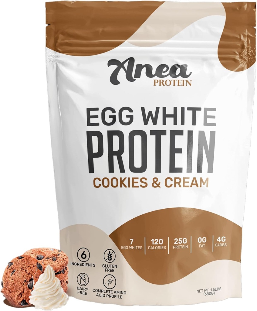 Anea Egg White Protein Powder | 25g Protein | Dairy Free | Gluten Free | Fat Free | Amino Acids | High Biological Value (1.5 Pound (Pack of 1) (1.5 Pound (Pack of 1), Cookies & Cream)