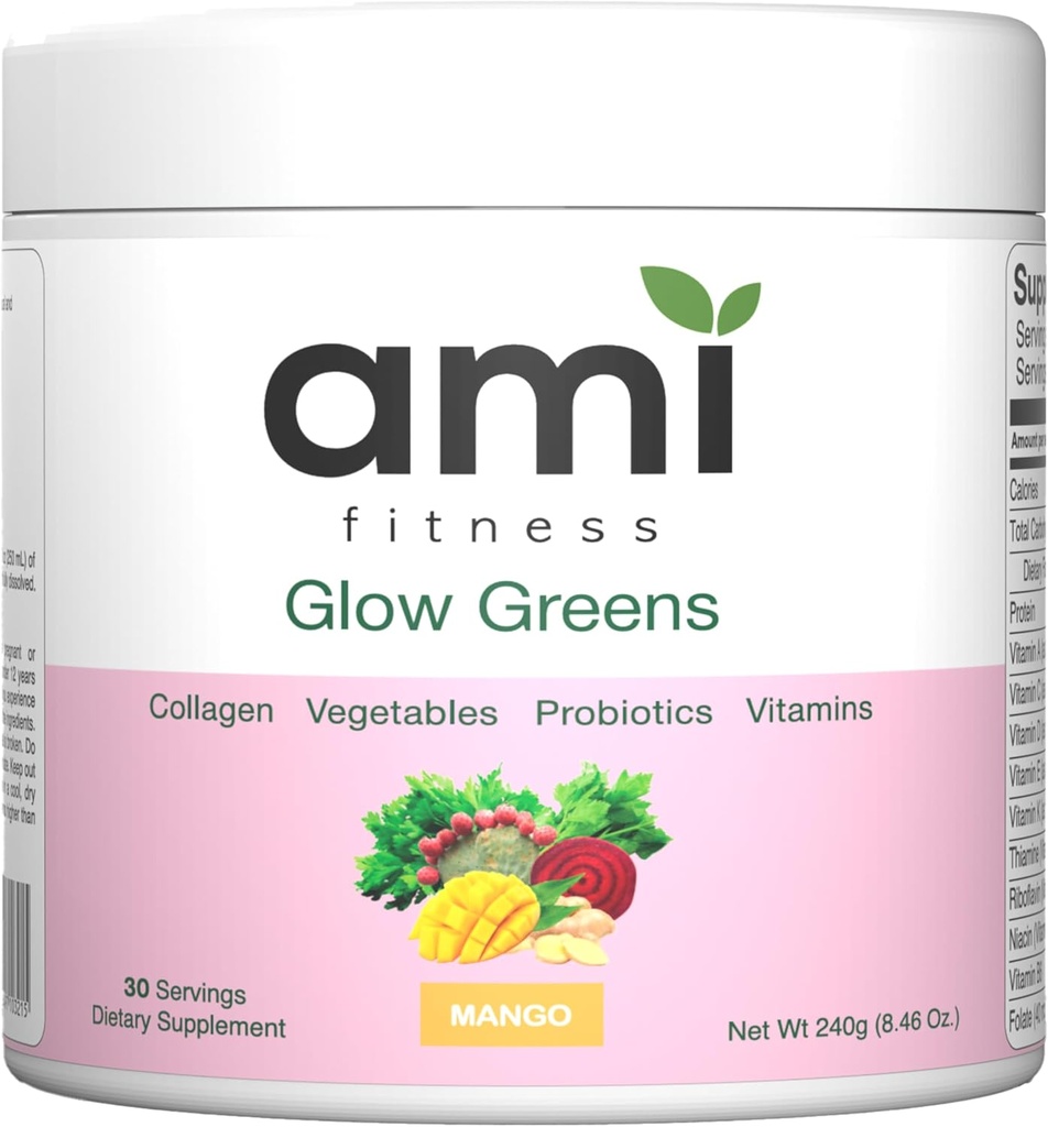Glow Greens Powder, Collagen with Probiotics, Vitamins, Digestive Enzymes, Superfoods, Gut Health, Bloating Relief, Radiant Skin, Natural Glow, Spirulina, Juice Mix, 30 SVG, Mango