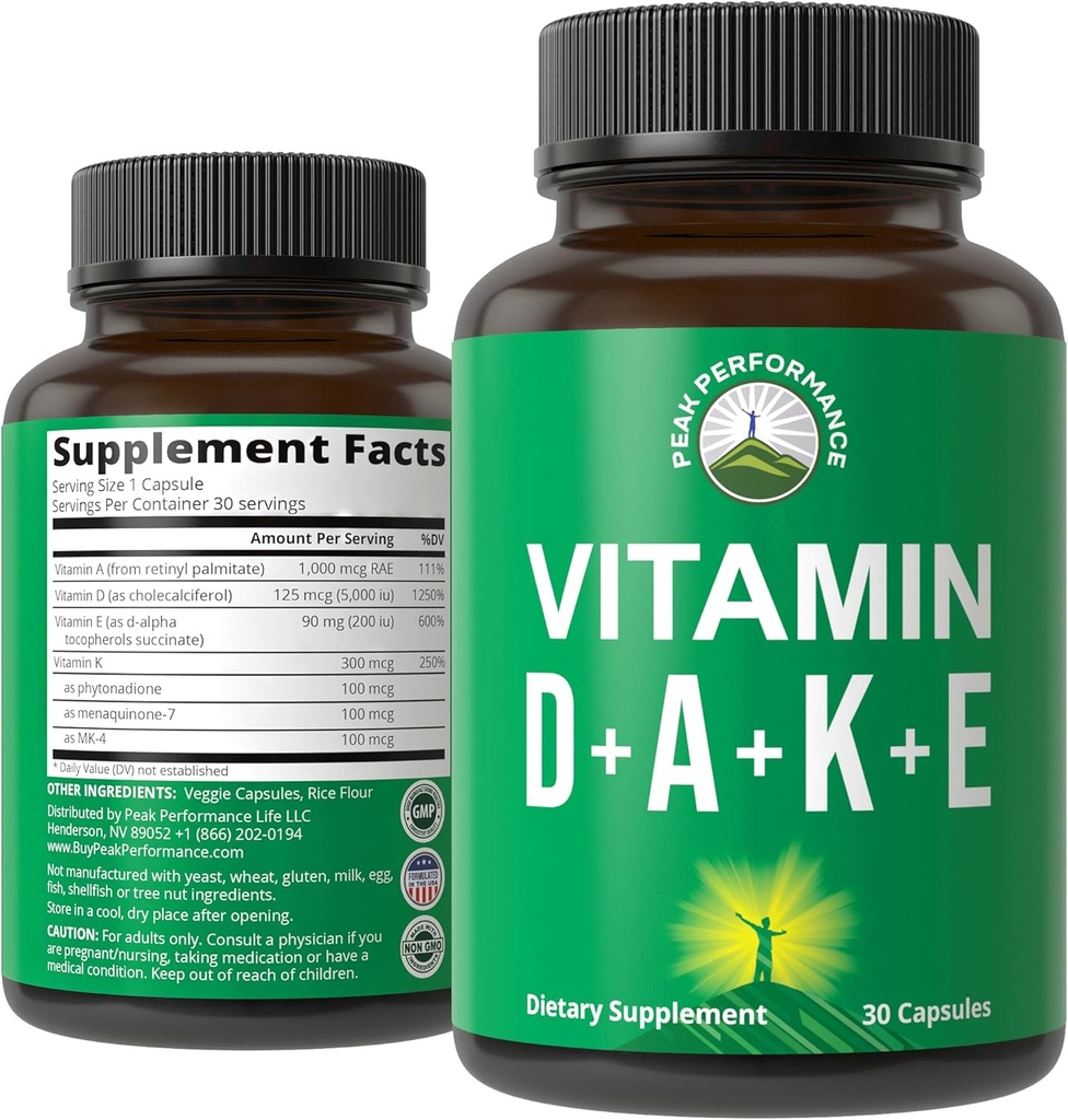 Peak Performance Vitamins D 5,000 iu + A + K + E All in 1 Easy to Swallow Vegan Capsule. ADK Vitamin Supplement with E D3 K2. Essential Vitamins for Mood, Immune, Bone, Vision, Heart