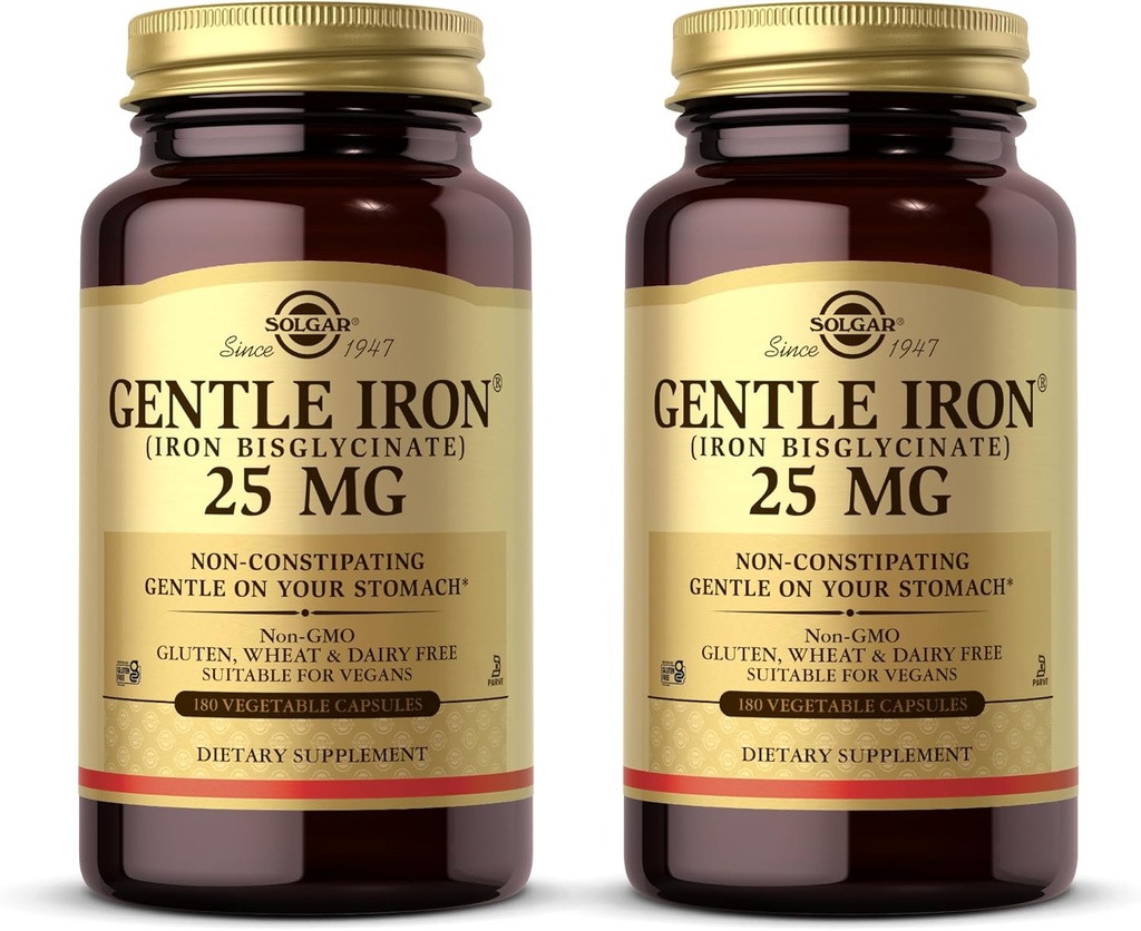 Solgar Gentle Iron (Iron Bisglycinate) 25 mg - 180 Vegetable Capsules, Pack of 2 - Non-Constipating, Gentle on Your Stomach - Non-GMO, Gluten Free - 360 Total Servings
