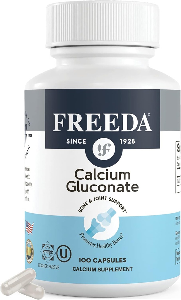 Freeda Calcium Gluconate – Kosher Vegan Calcium Supplement – Easy to Digest & Absorb – Supports Bone Strength – Pure Calcium Without Vitamin D – (100 Capsules)