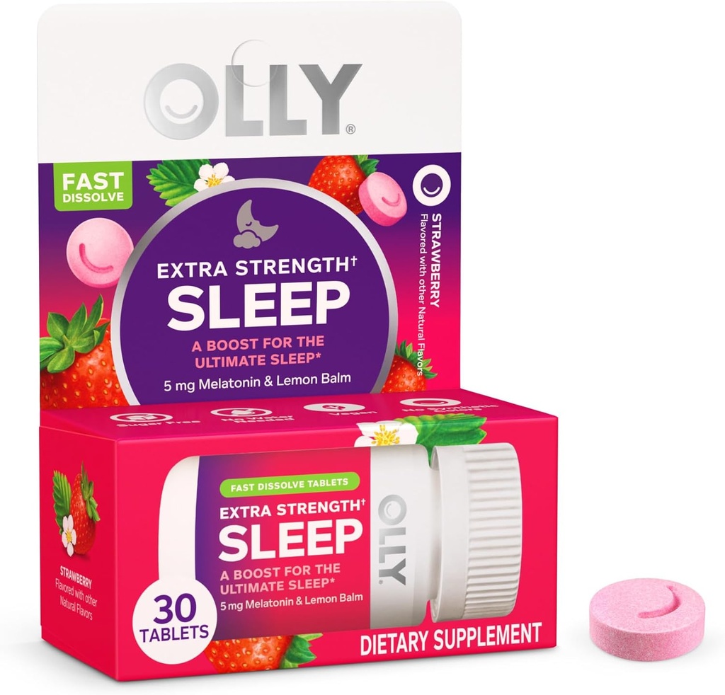 OLLY Extra Strength Sleep Fast Dissolve Tablets, 5mg Melatonin, Vegan, Strawberry - 30ct