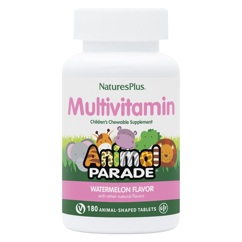 NaturesPlus Animal Parade Children's Chewable Multivitamin, Watermelon - 180 Animal-Shaped Tablets - Promotes Health & Well-Being - Vegan, Gluten Free - 90 Servings