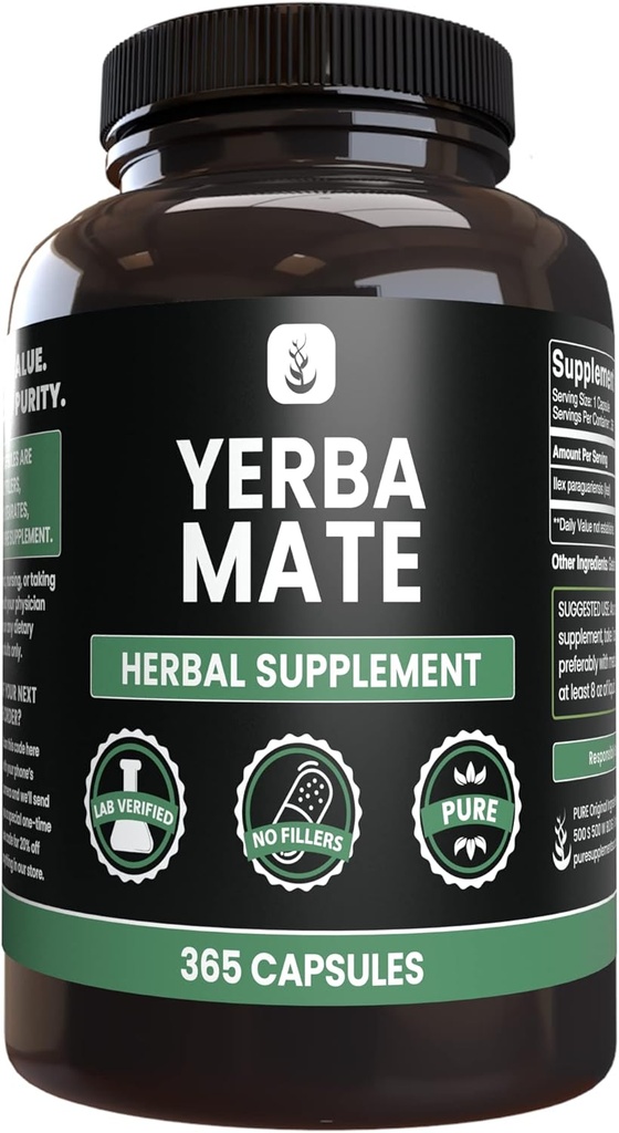 PURE ORIGINAL INGREDIENTS Yerba Mate (365 Capsules), No Magnesium Or Rice Fillers, Always Pure, Lab Verified