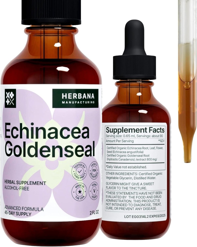 Echinacea and Goldenseal 2 fl oz Liquid Extract - Natural Herbal Supplement - Immune Support Drops - Enhance Sleep | Boost Energy - High Potency - 45-Day Supply