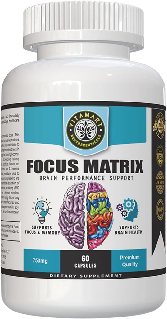 Focus Matrix (1 Bottle) Brain Health Supplement- for Better Focus, Memory, Attention, Concentration, Ginkgo biloba Leaf, Bacopa Monnieri, Focus Pill
