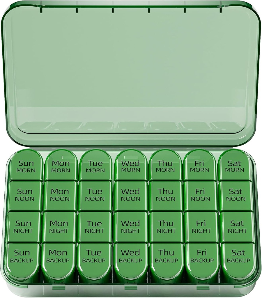 Odaro Weekly Pill Organizer 4 Times a Day, Daily Pill Box 7 Day, Large Travel Pill Case with 28 Compartment to Hold Medicine, Vitamin and Supplement - Full Olive