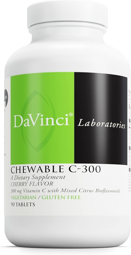 DaVinci Labs Chewable C-300 - Vitamin C Supplement to Support Immune Health, Cholesterol and Collagen Production - With Vitamin C, Pectin and More - Gluten-Free - Cherry Flavor - 90 Vegetarian Tablets