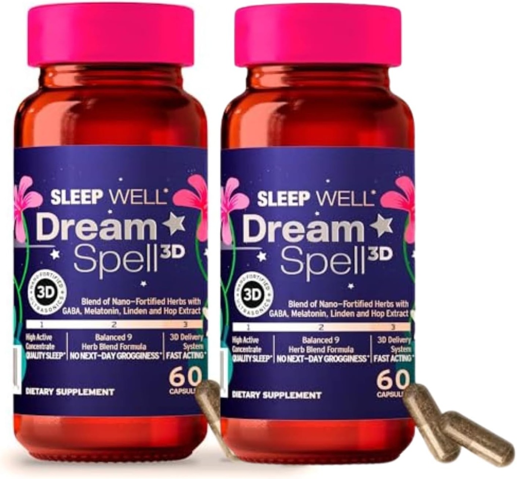 Dream Spell 3D Natural-Based Sleep Aid - Soothes an Alert Mind, No Next-Day Grogginess- Innovative Formula with 3Mg Melatonin, GABA, Hops - Restful Nights, Refreshed Mornings - 120 Capsules