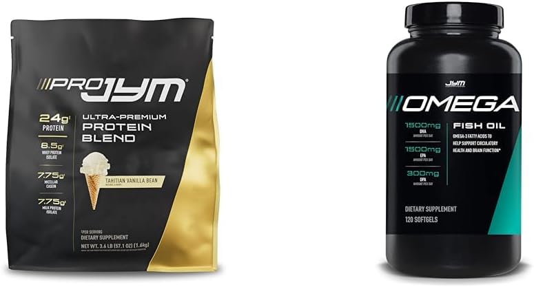 JYM Supplement Science PRO JYM 45 Servings - Tahitian Vanilla Bean & mg, High Potency Omega 3, EPA, DHA, DPA for Brain, Heart, & Joint Support 120 Soft Gels