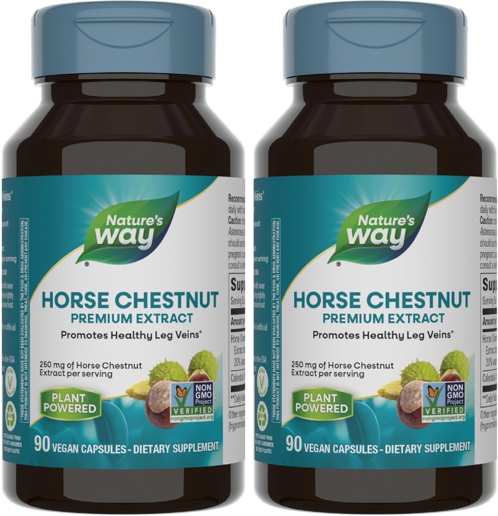 Nature's Way Standardized Horse Chestnut, Premium Extract, Promotes Healthy Leg Veins*, 250 mg per Serving, Vegan, 90 Capsules (Packaging May Vary) (Pack of 2)