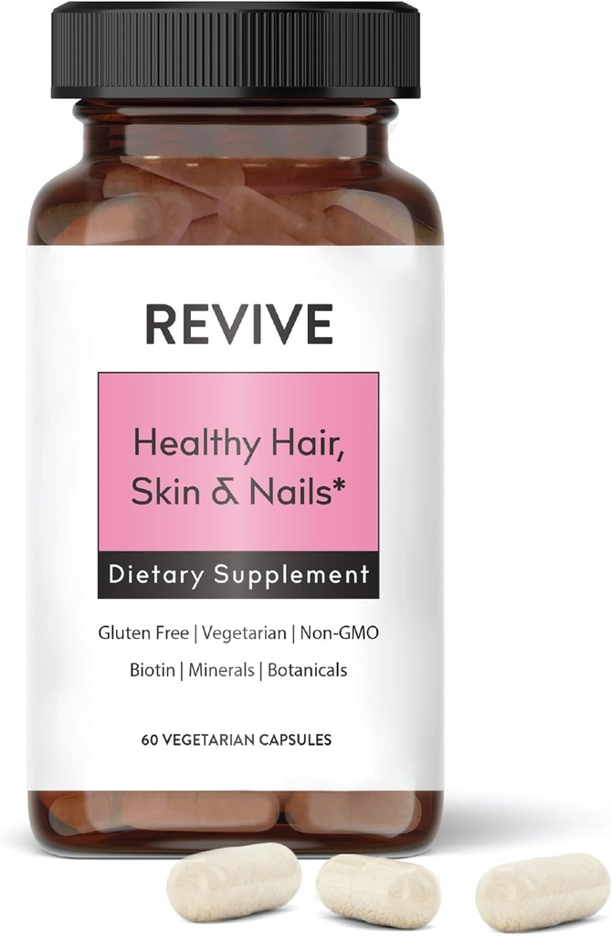 Healthy Skin, Hair & Nails Supplement by Revive Essential Oils - Supports Healthy Hair with Pantented Form of Biotin - Ashwagandha for Stress Support - Plus Vitamins & Minerals