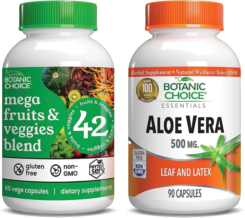Botanic Choice Mega Fruits and Veggies Blend (60 Capsules) + Aloe Vera (90 Capsules) Bundle - Energy Balance & Superfood Supplement + Digestive Health Support