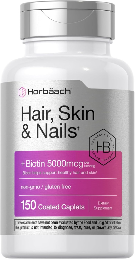 Horbäach Hair Skin and Nails Vitamins | 150 Caplets | with Biotin and Collagen | Supplement for Women and Men | Non-GMO, Gluten Free