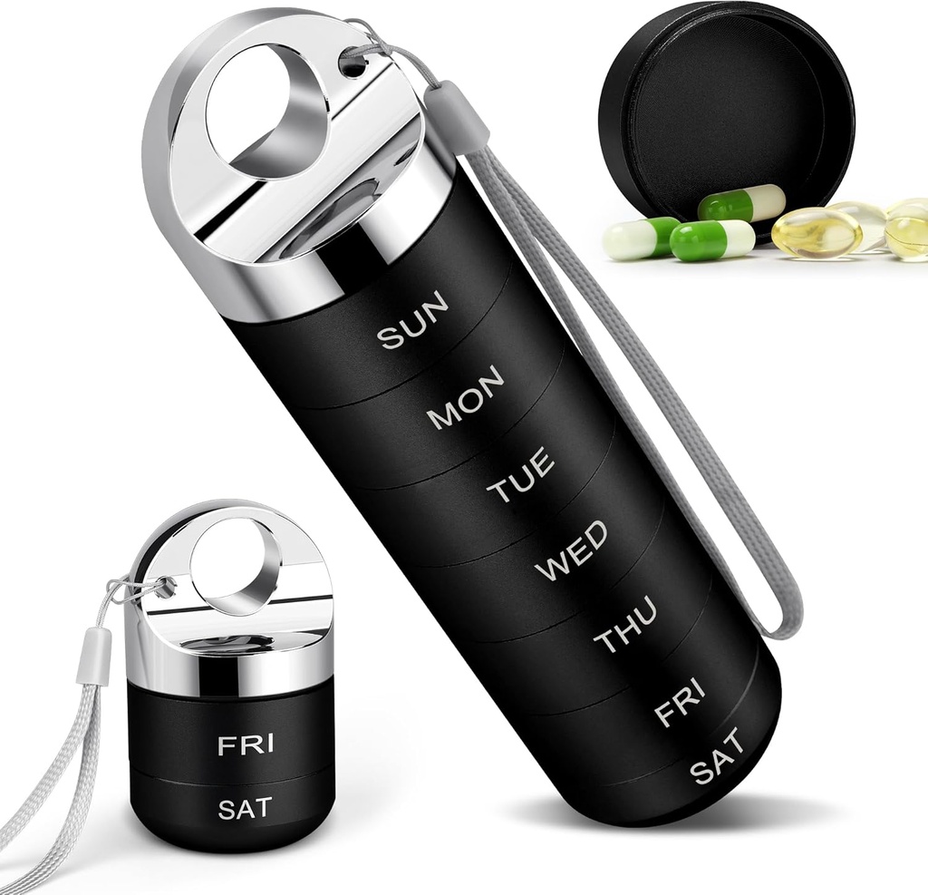 TaroKitc Metal Weekly Pill Organizer, Stylish Aluminum Alloy Travel Pill Box, Portable Waterproof Daily Pill Case, 7 Day Medicine Holder with Large Compartment for Vitamin, Fish Oil, Supplement(Black)
