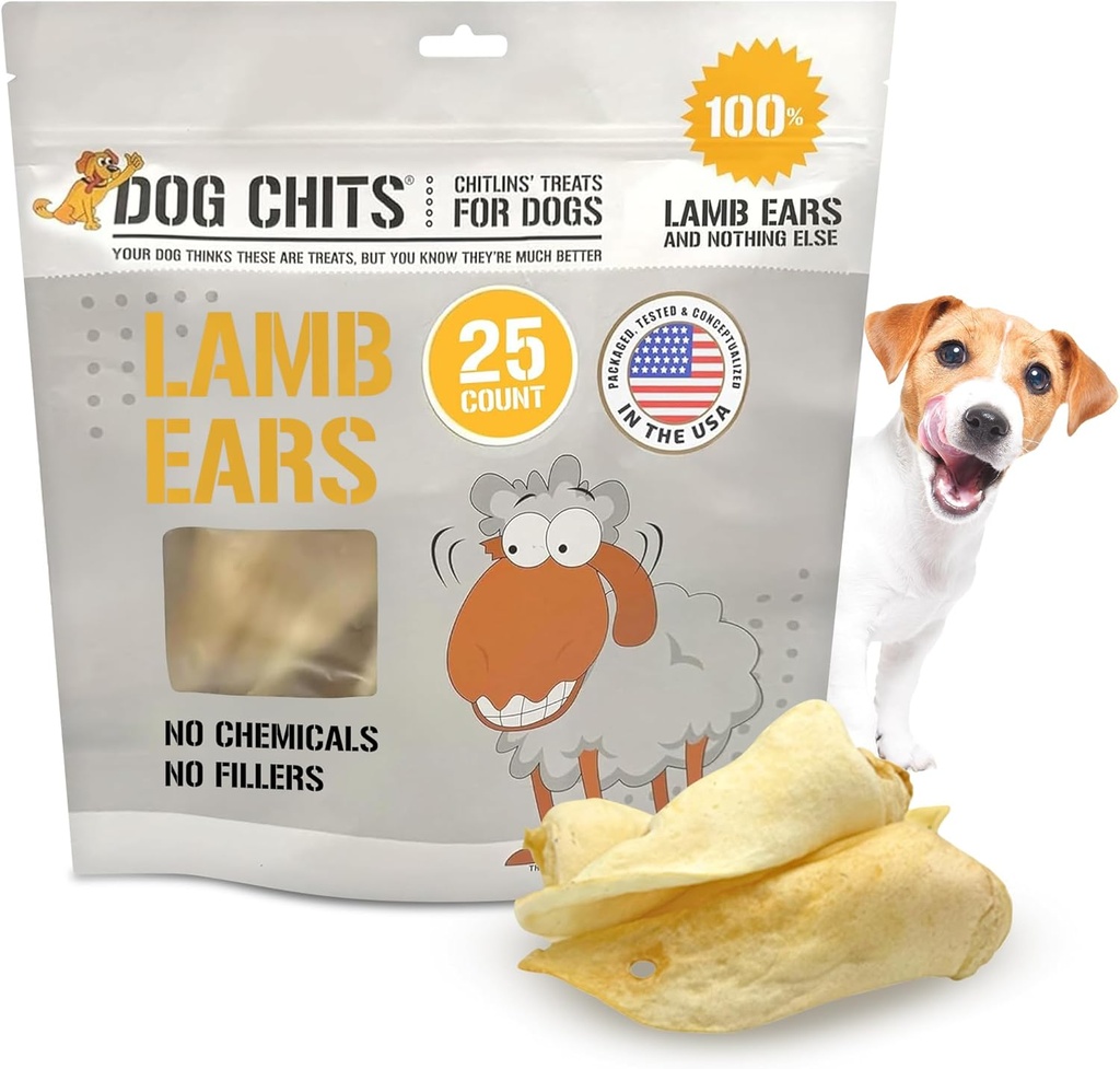 Dog Chits Lamb Ears for Dogs – 100% Natural Baked Lamb Ear Dog Treats – Grain-Free, High Protein, Lower Fat Training Chews – Dental Health & Joint Support – for Large, Medium Dogs – 25 Pack