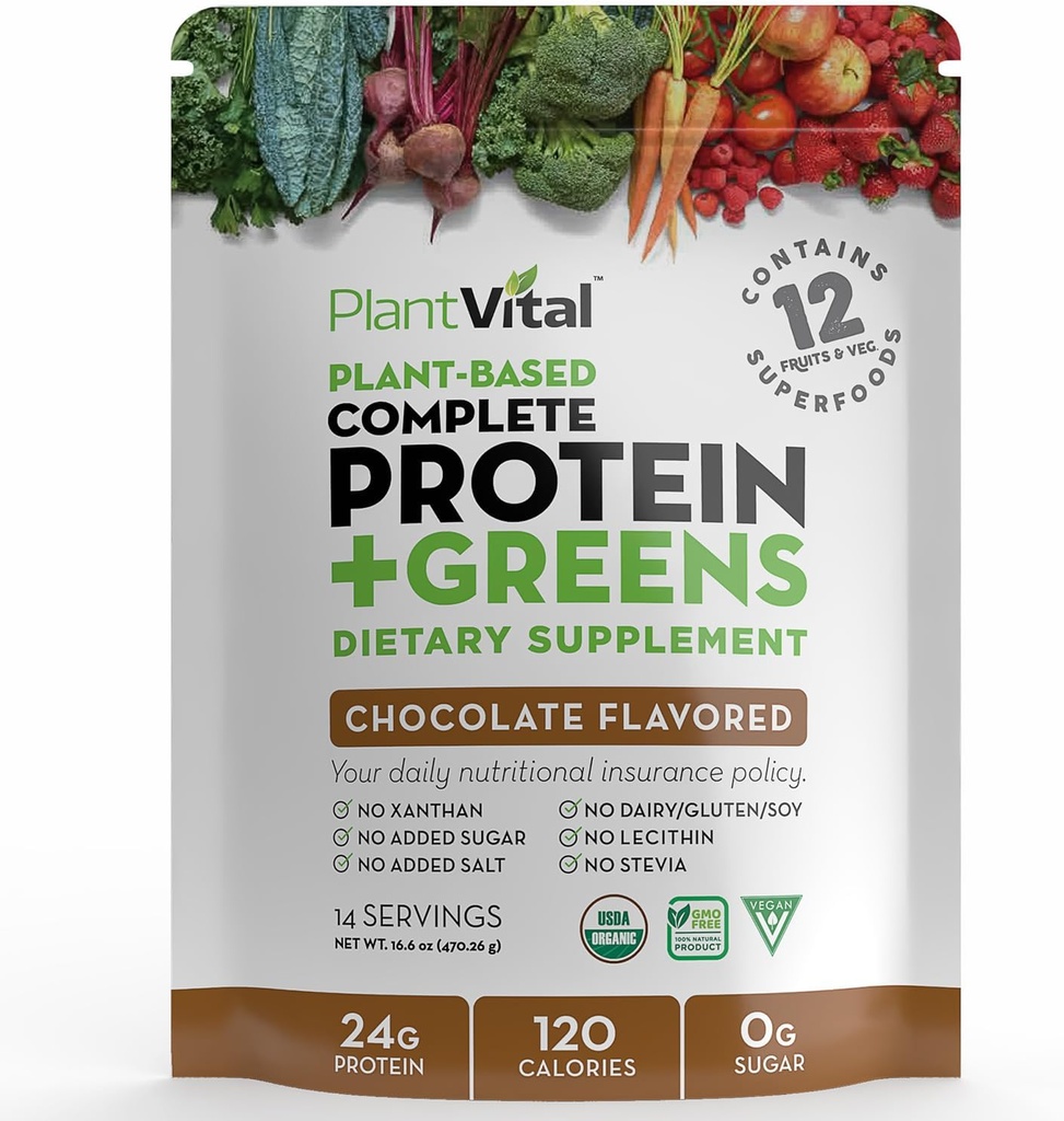 Plantvital Vegan Protein Powder Plant Based, Organic Protein Powder Chocolate 24g/0g Sugar, 12 Superfoods, Veggies, Probiotics, Raw Cocoa, Kale, Beets, Spirulina, Pea, Gluten-Free, Keto-Friendly,16oz