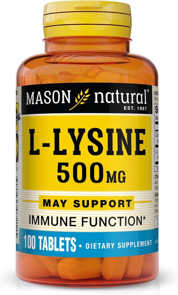 MASON NATURAL L-Lysine 500 mg with Calcium - Improved Immune Function, Enhanced Nutrient Absorption, Essential Amino Acid, 100 Tablets
