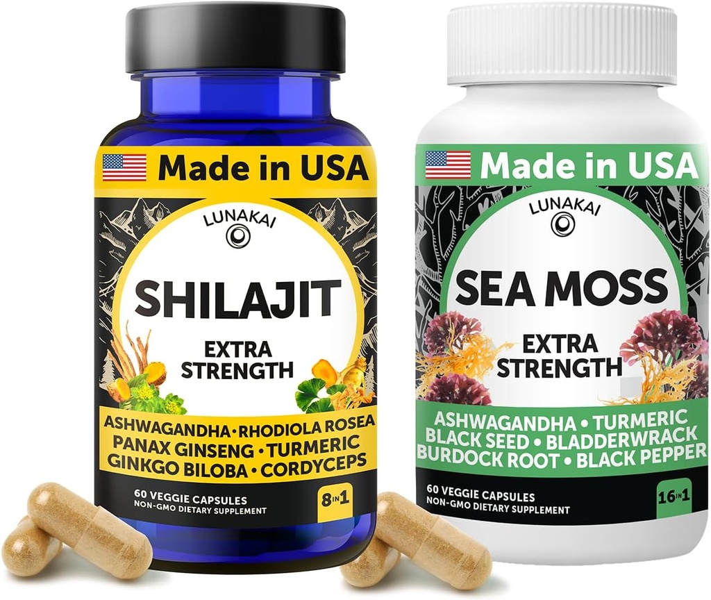 Lunakai USA Made Shilajit & Sea Moss Capsules Bundle with Ashwagandha, Black Seed Oil & Rhodiola for Strength & Immune Support, 60ct Each
