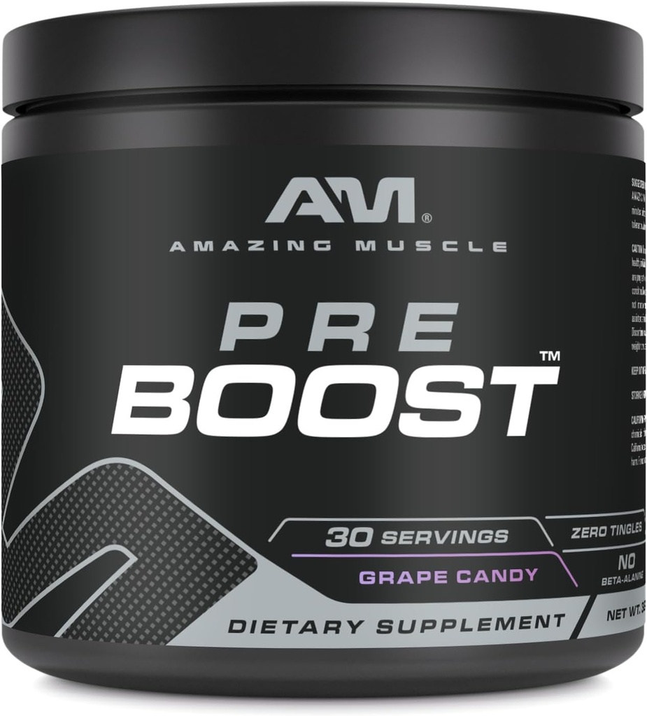 Amazing Muscle Pre Boost | 30 Servings | 324 Grams Powder | Pre Workout Supplement | Made in USA (30 Servings, Natural Grape Candy)