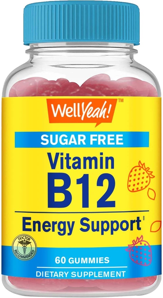 WellYeah Vitamin B12 1000mcg Sugar Free Gummies | Dietary Supplement | for Energy and Metabolism Support | Strawberry Flavor | 60 Count