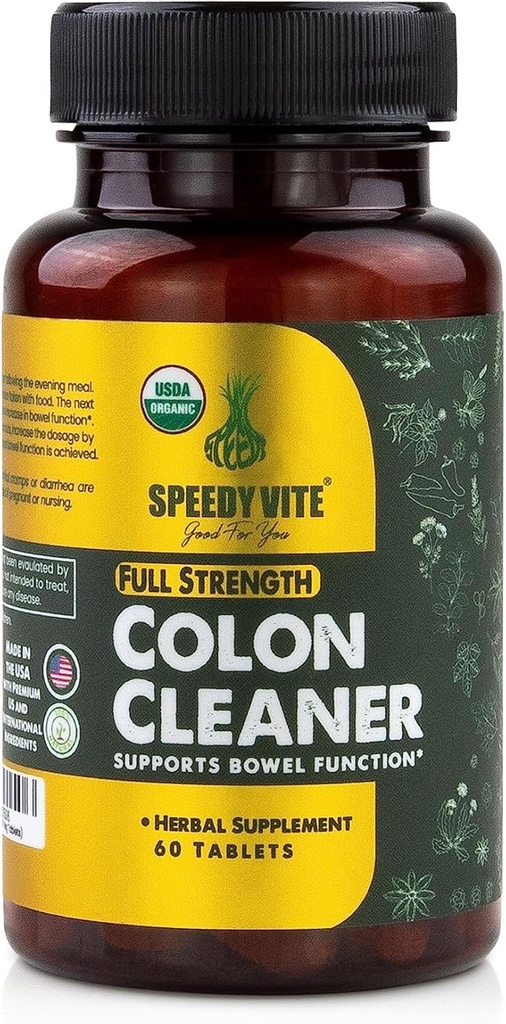 SpeedyVite® Organic Colon Cleaner Full Strength - (60 Veg Tablets) with Organic Cascara Sagrada bark, Oregon Grape Root, Turkey Rhubarb, Ginger & Fennel. Natural Supplement - Supports Bowel Function*