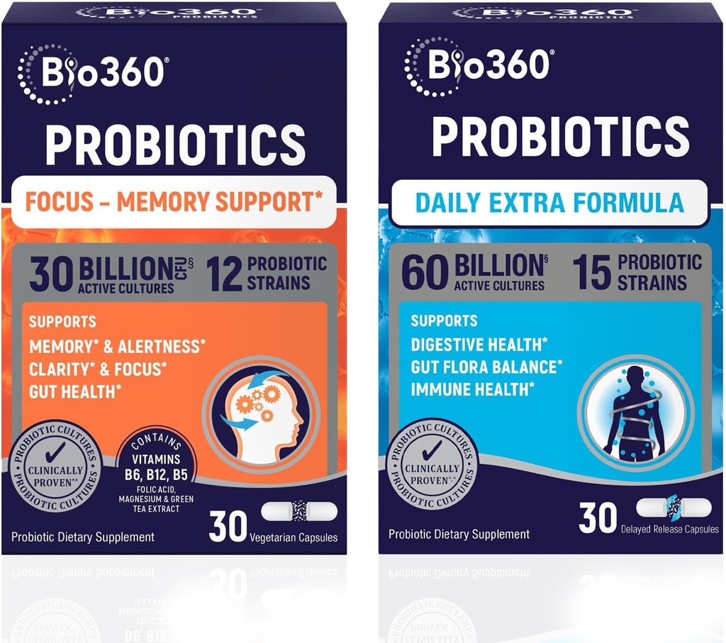 Bio360 Probiotics Bundle, Cognitive Support Formula & Daily Extra Formula, Brain Support & Gut Health Supplements, Helps Support Memory, Focus & Digestion, 2 x 30 Vegan Supplements