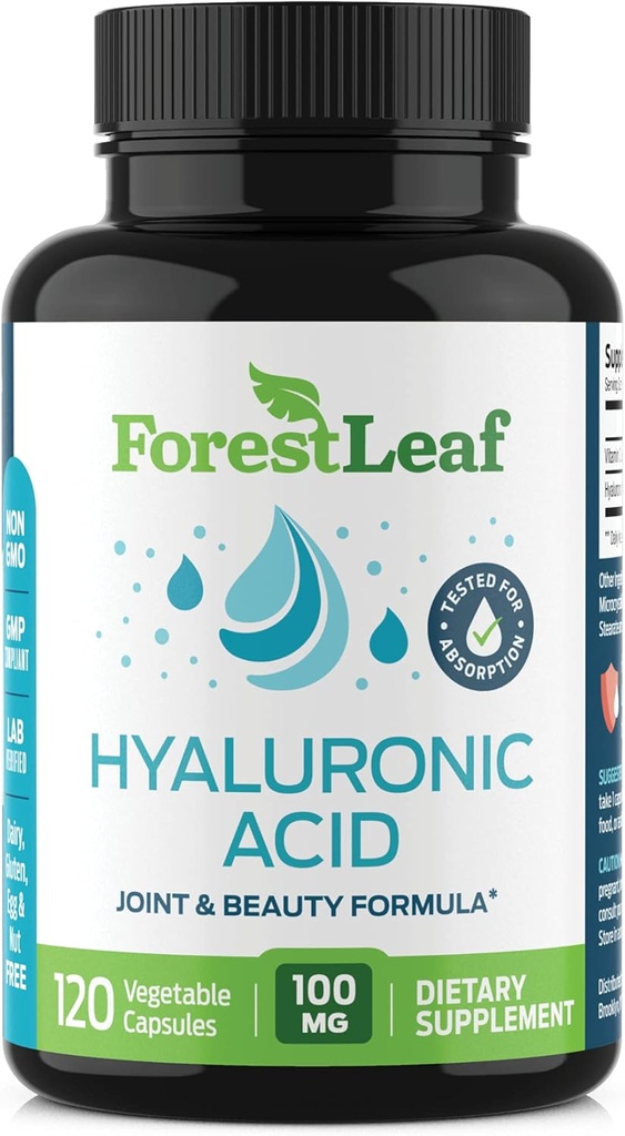ForestLeaf Hyaluronic Acid Supplements | 100mg High Bioavailable Dietary Hyaluronic Acid Powder Capsules + 50mg VIT C | Supports Skin Hydration, Joint Lubrication, Anti-Aging, Hair & Nails | 120 Caps