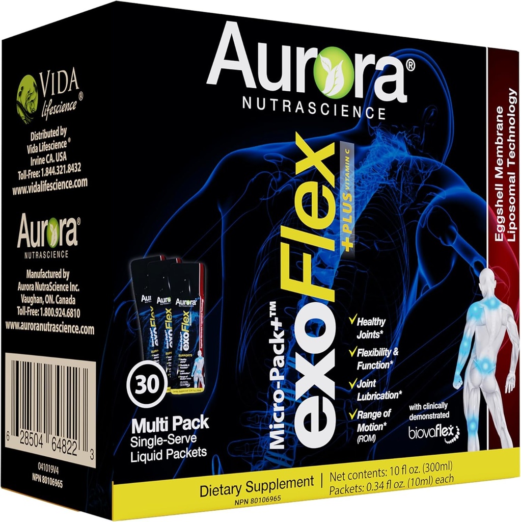 Aurora Nutrascience Micro-Pack Liposomal exoFlex+ with Vitamin C, Supports Joint Flexibility & Function, BiovaFlex Eggshell Membrane, Curcumin & Boswellia, Strwaberry Flavor, 30 Single-Serve Packets