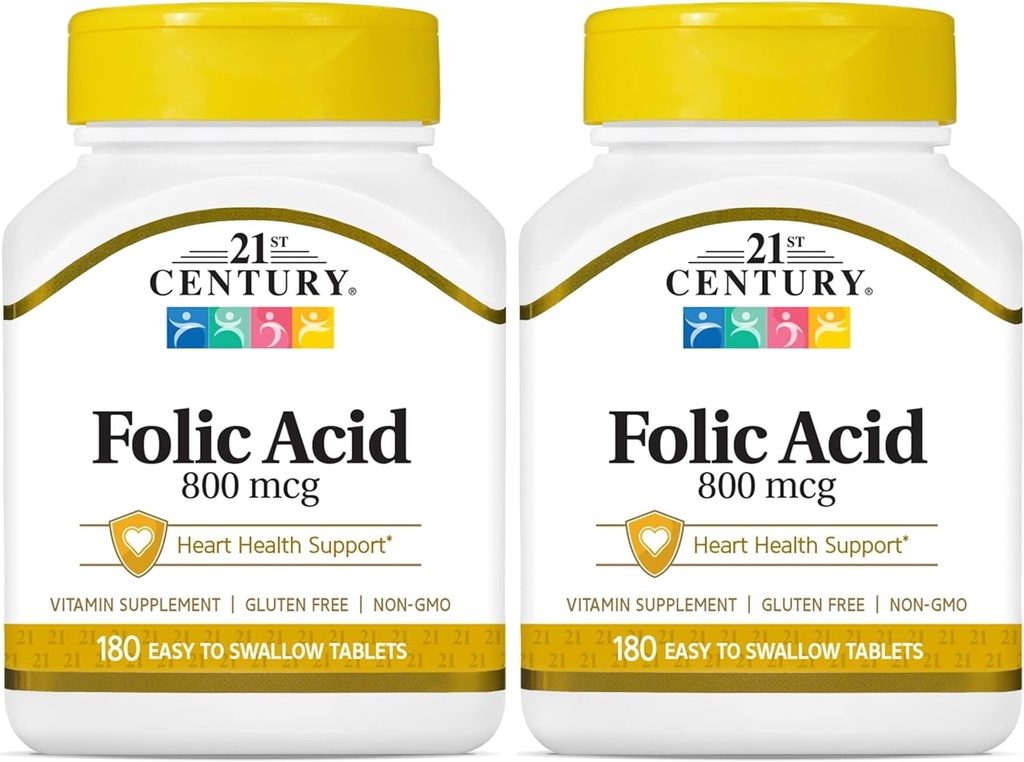 21st Century 800 mcg Folic Acid Tablets, Assorted, 180 Count (Pack of 2)