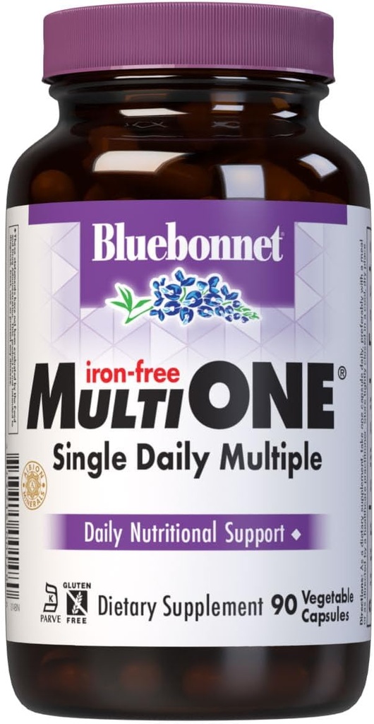 Bluebonnet Nutrition Multi One (Iron Free) Vegetable Capsules, Complete Full Spectrum Multiple, B Vitamins, General Health, Gluten & Milk Free, Kosher, 3 Month Supply, White, 90 Count
