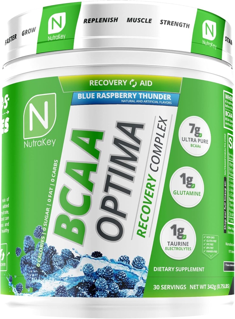 NutraKey BCAA Optima Post Workout Recovery Complex, No Sugar, No Carb, Recovery Aid, Blue Raspberry