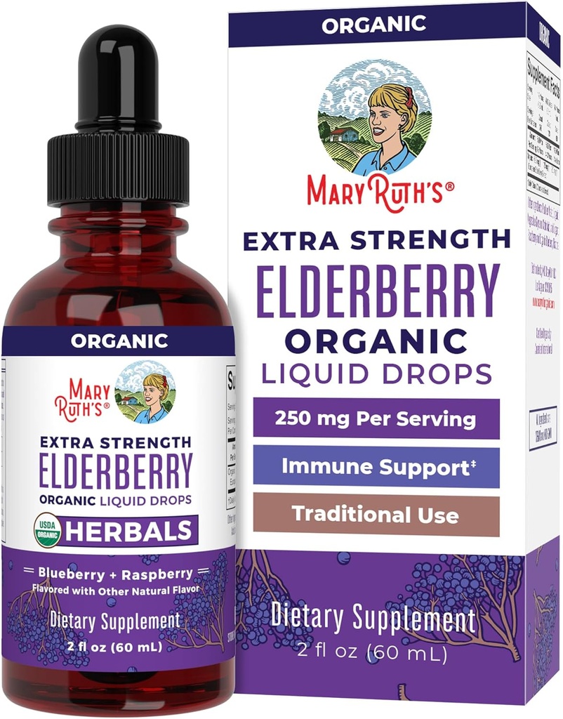 MaryRuth Organics Elderberry Syrup Extra Strength, USDA Organic Elderberry, Sugar Free Adults & Kids Immune Support Supplement for Ages 1+, Clean Label Project Verified®, Vegan, Gluten Free, 2 Fl Oz