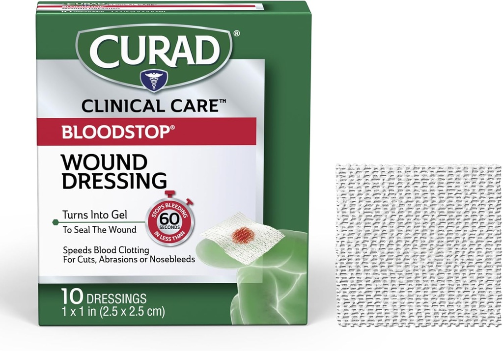 CURAD BloodStop® Wound Dressing | 1” x 1” | Hemostatic Gauze Helps Stop Bleeding Quickly | For Cuts, Abrasions or Nosebleeds | 10 Count