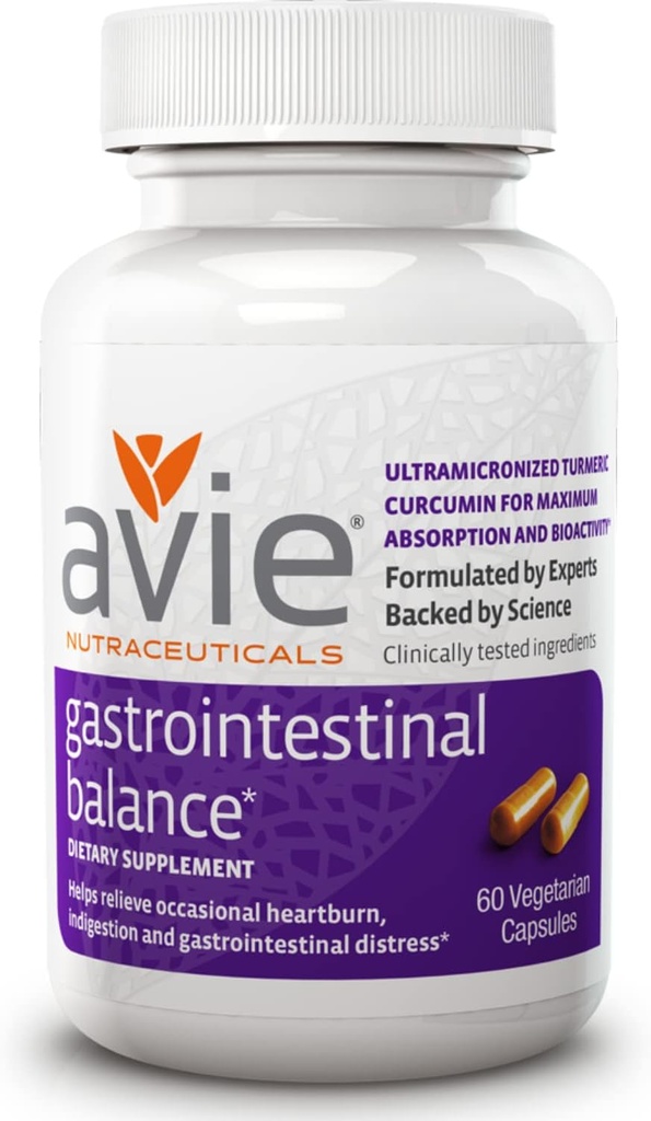 Avie NUTRACEUTICALS Gastrointestinal Balance Curcumin Supplement (60 Capsules) | Turmeric with Licorice Root & Magnesium for Heartburn, Acid Reflux, & Indigestion Relief - Gluten Free, GMP-Certified