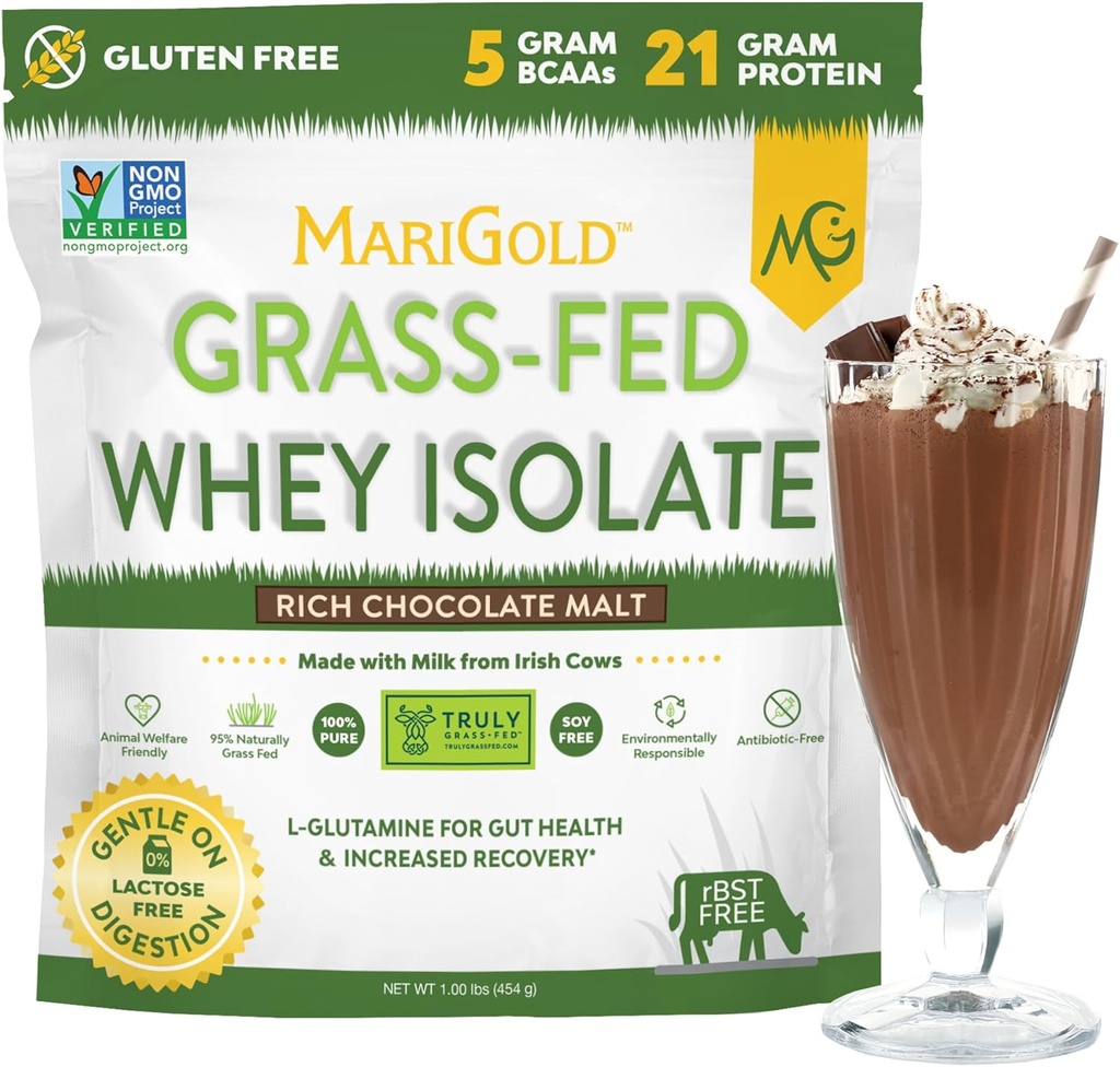 MariGold Grass-fed Whey Protein Isolate Powder - Rich Chocolate Malt Flavor - 1 Lb | 100% Pure, Cold-Processed, Micro-Filtered, Undenatured, Non-GMO, rBGH Free, Soy Free, Gluten Free, Lactose Free
