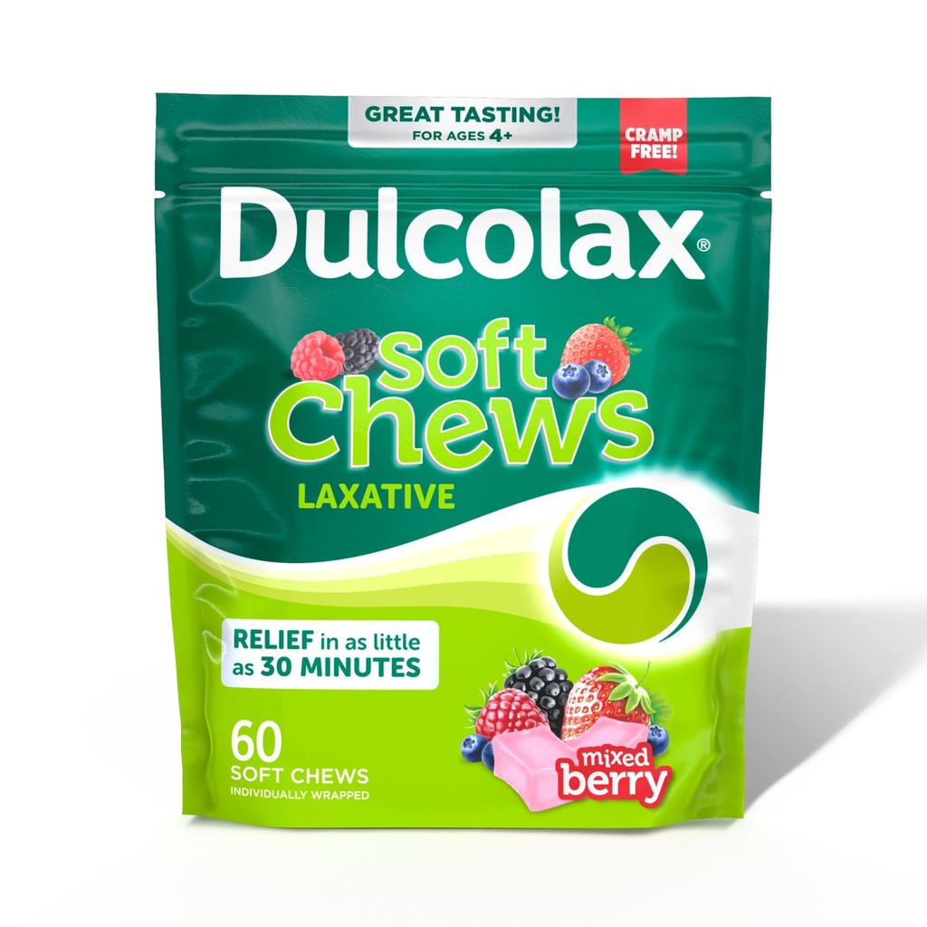 Dulcolax Saline Laxative Soft Chews, Gentle Constipation Relief, Mixed Berry Flavor, Magnesium Hydroxide 1200 mg, 60 Count
