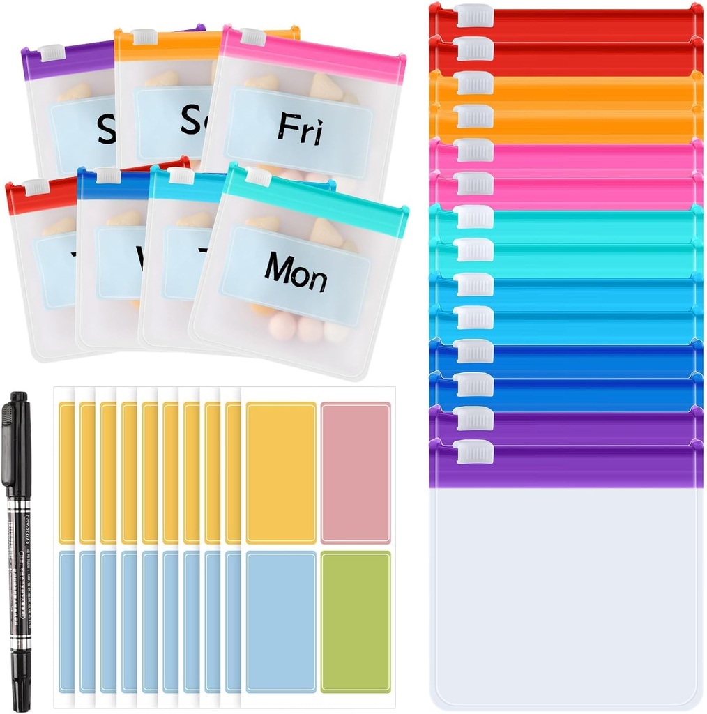 MARFOREVER 25 Pcs Pill Pouch Small Pill Bags Reusable Medicine Organizer Travel Pill Container Storage Pill Case with Slide Lock 14 Pcs Plastic Medicine Bags 10 Pcs Sheets Labels and A Marker