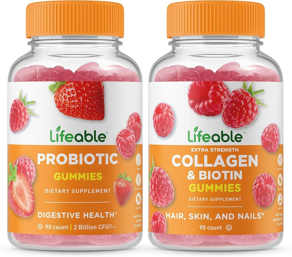 Lifeable Probiotic 2 Billion CFU + Collagen & Biotin, Gummies Bundle - Great Tasting, Vitamin Supplement, Gluten Free, GMO Free, Chewable Gummy