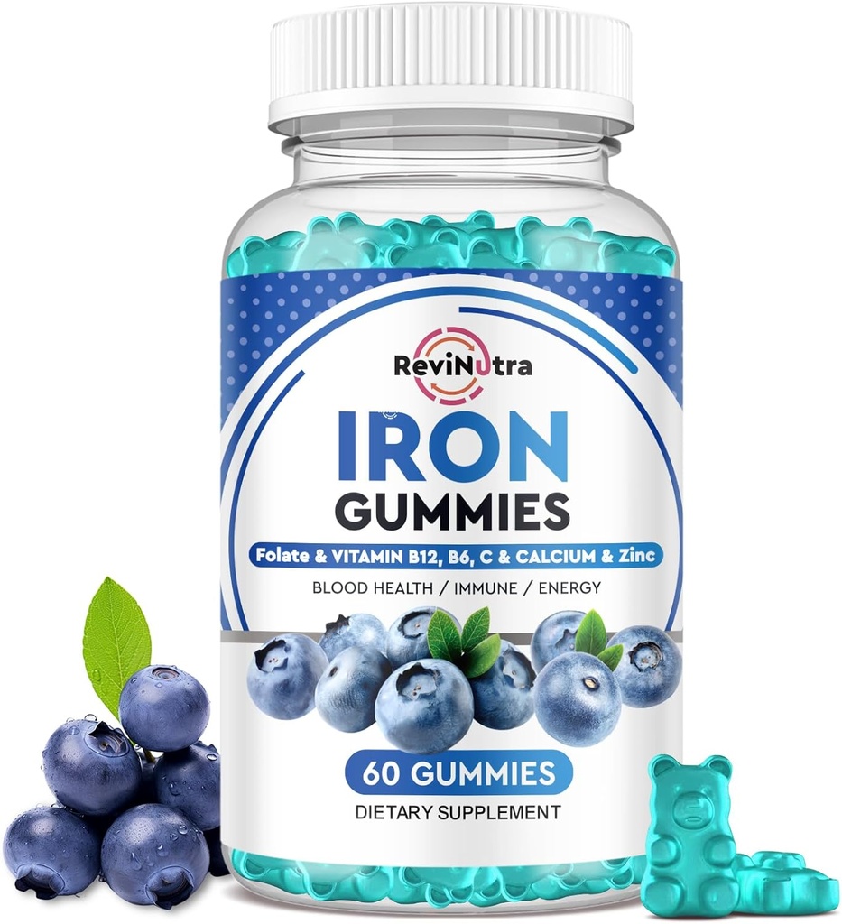 Iron Gummies - with Calcium, Zinc, Folate & Vitamin B12, C,B6 for Adults & Kids - Blood Builder & Energy Support for Iron Deficiency, Anemia, Vegan - Blueberry Flavor, 60 Gummies