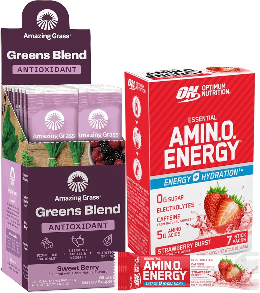 Amazing Grass Bundle of Optimum Nutrition Essential Amino Energy Plus Electrolytes Stick Packs, Energy Powder, Strawberry Burst, 7 Count Greens Superfood Antioxidant: Sweet Berry, 15 Servings