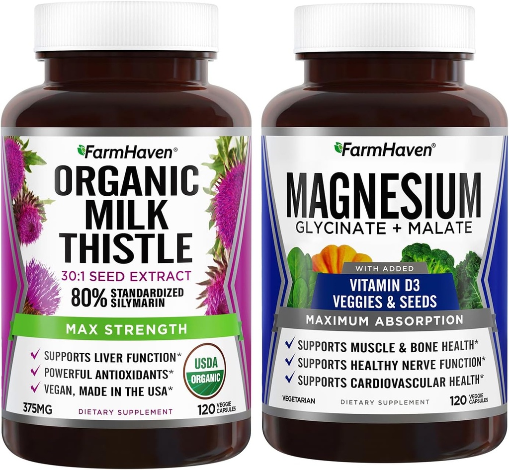 FarmHaven Milk Thistle Capsules & Magnesium Glycinate & Malate Complex w/Vitamin D3